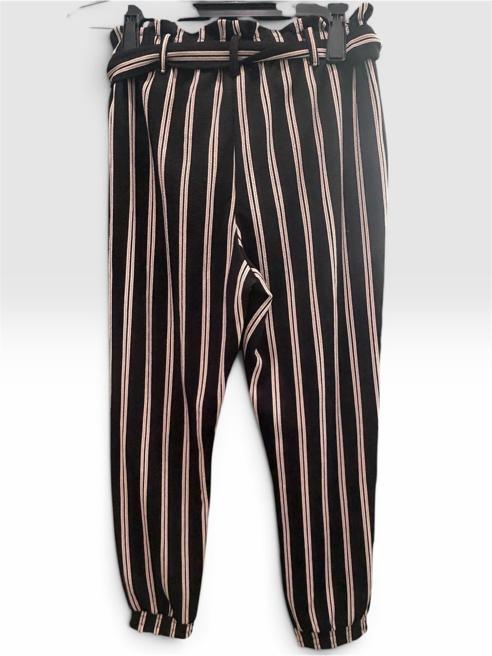 No comment womens Black Striped Paperbag Waist Pants